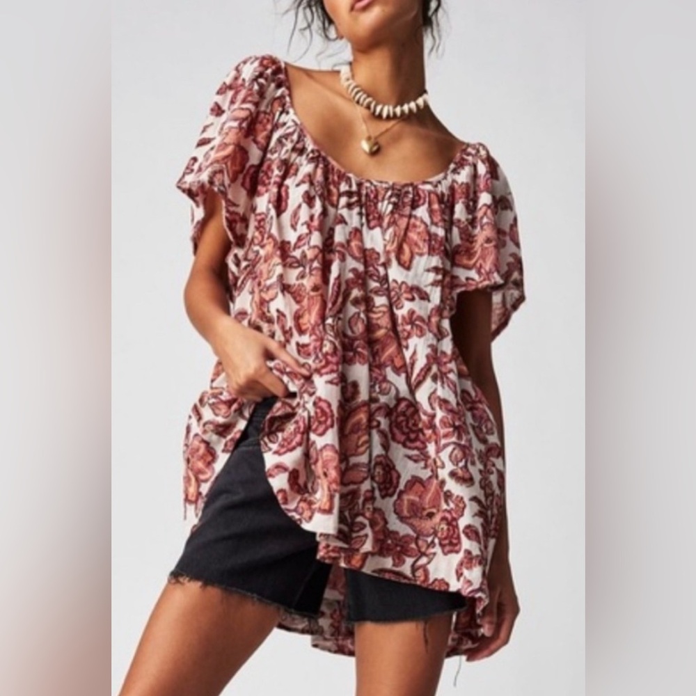 FREE PEOPLE kauai getaway printed tunic floral open back bohemian top medium